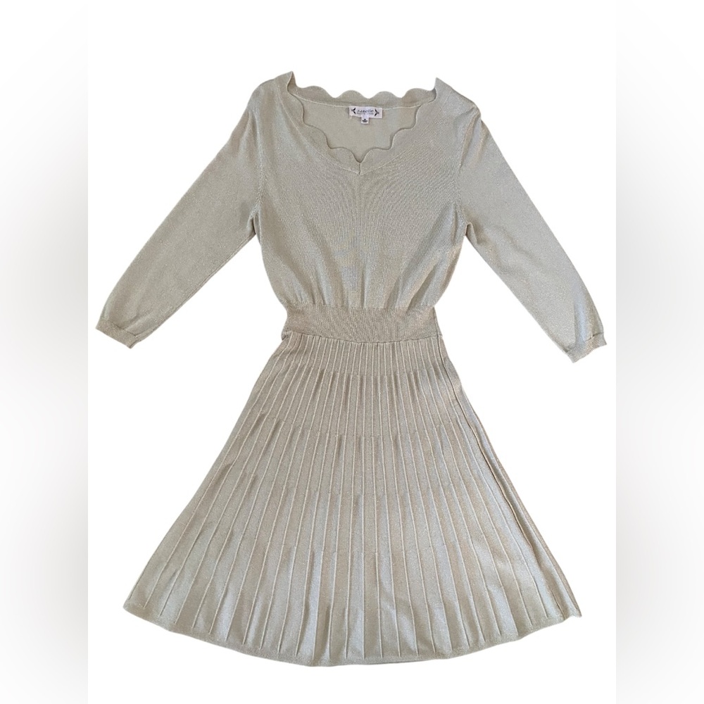 Nanette Lepore Cream Metallic Pleated Ribbed Knit Midi Dress Size Med